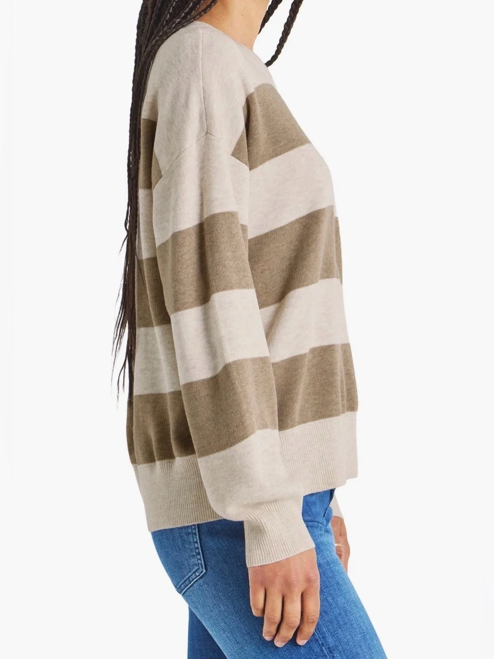 Splendid Oat Beige Striped Crewneck Sweater Small Cozy Wool Blend Knit